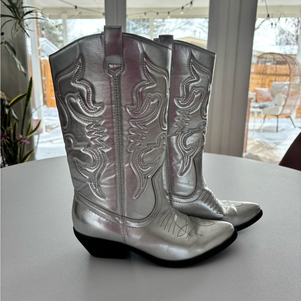 Silver Western Cowboy Boots for Women - Metallic Mid-Calf Style